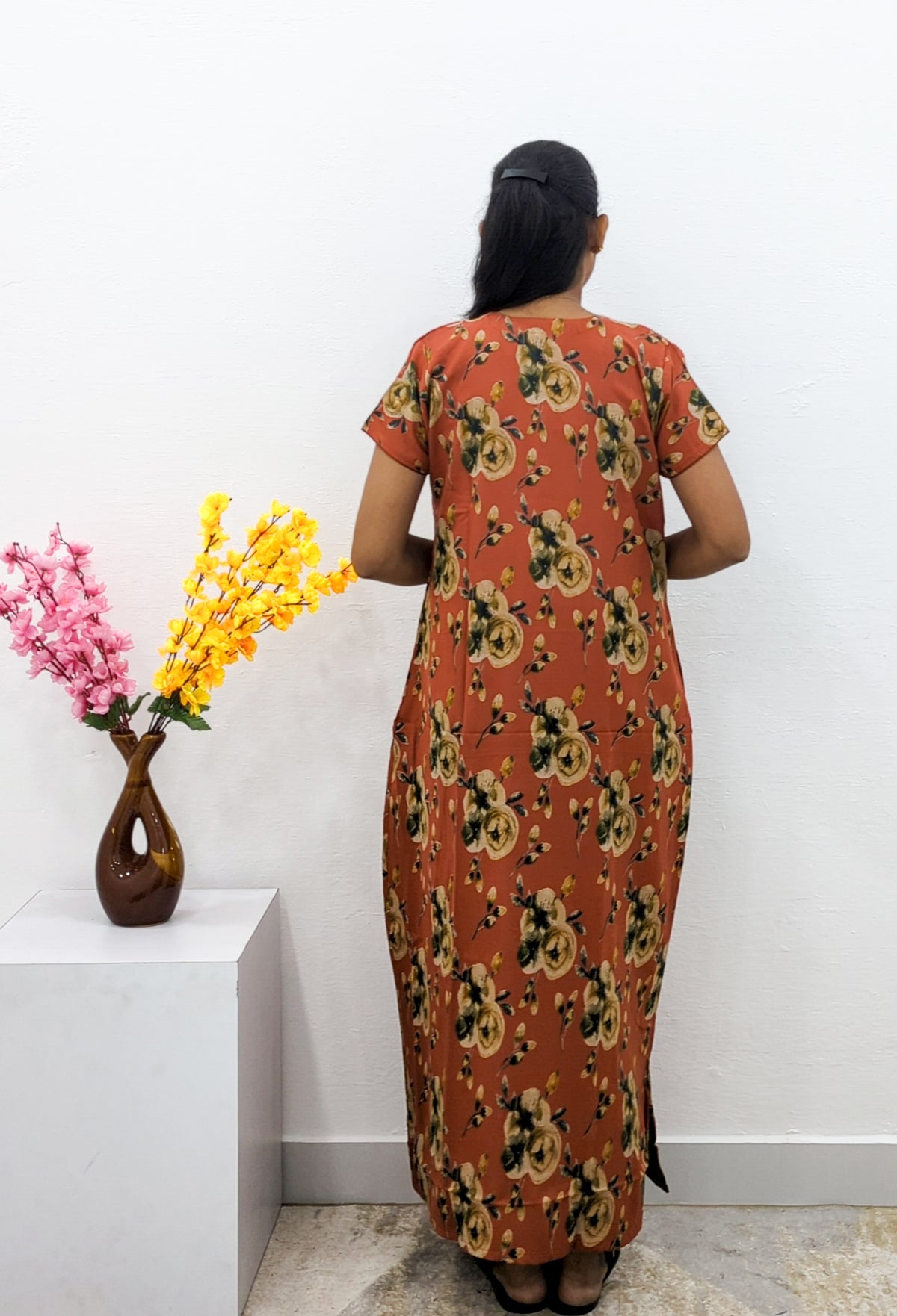 MANGAI Alpine Premium Embroidery Work Nighty for Women | Zipless Pleated Model | Beautiful Printed Design | Comfortable Premium Nightwear (CMC)