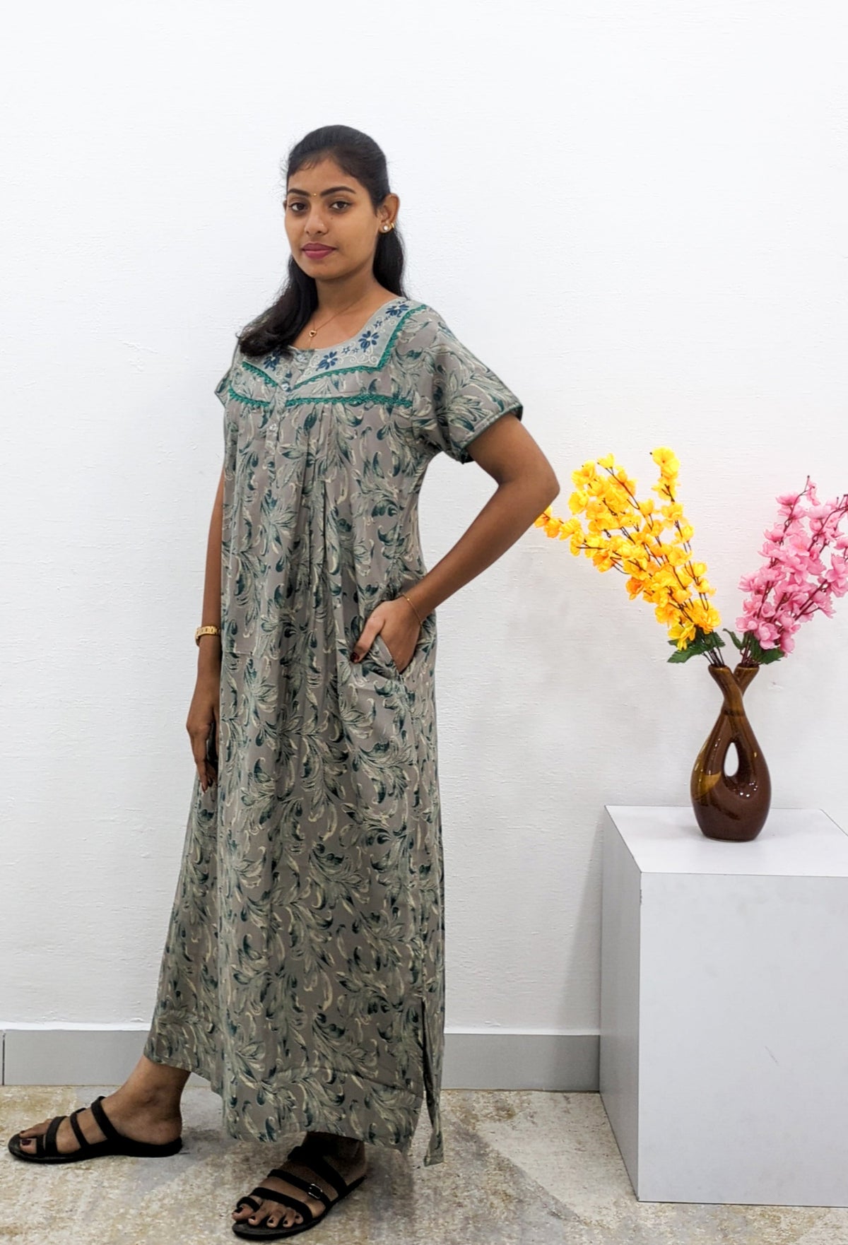 MANGAI Alpine Premium Embroidery Work Nighty for Women | Zipless Pleated Model | Beautiful Printed Design | Comfortable Premium Nightwear (CMC)