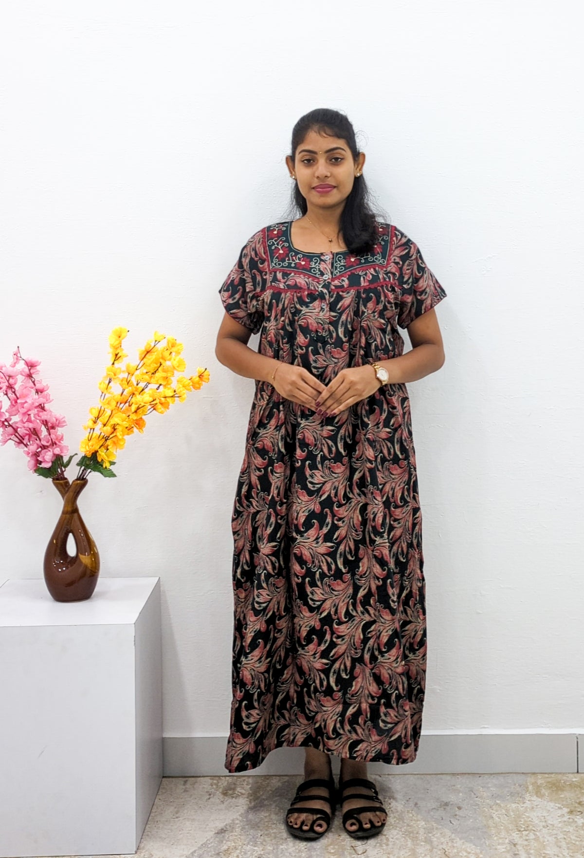 MANGAI Alpine Premium Embroidery Work Nighty for Women | Zipless Pleated Model | Beautiful Printed Design | Comfortable Premium Nightwear (CMC)