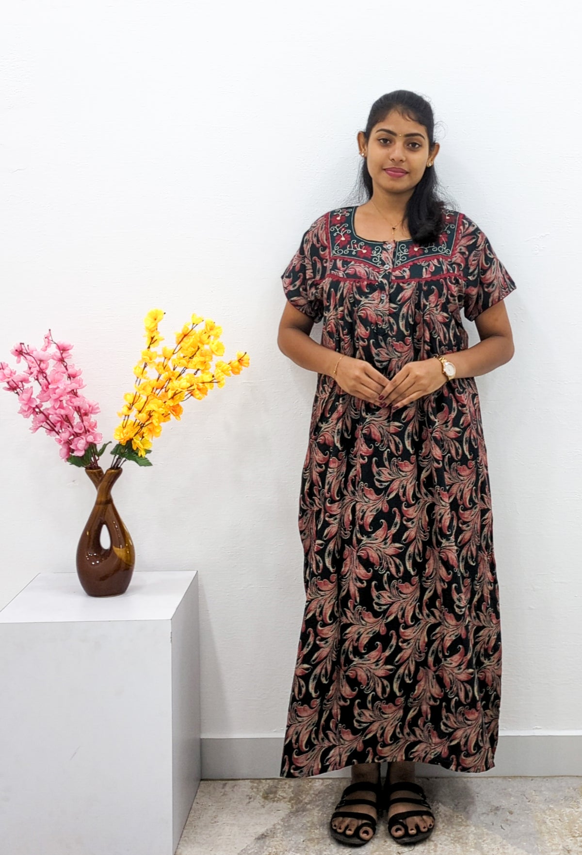 MANGAI Alpine Premium Embroidery Work Nighty for Women | Zipless Pleated Model | Beautiful Printed Design | Comfortable Premium Nightwear (CMC)