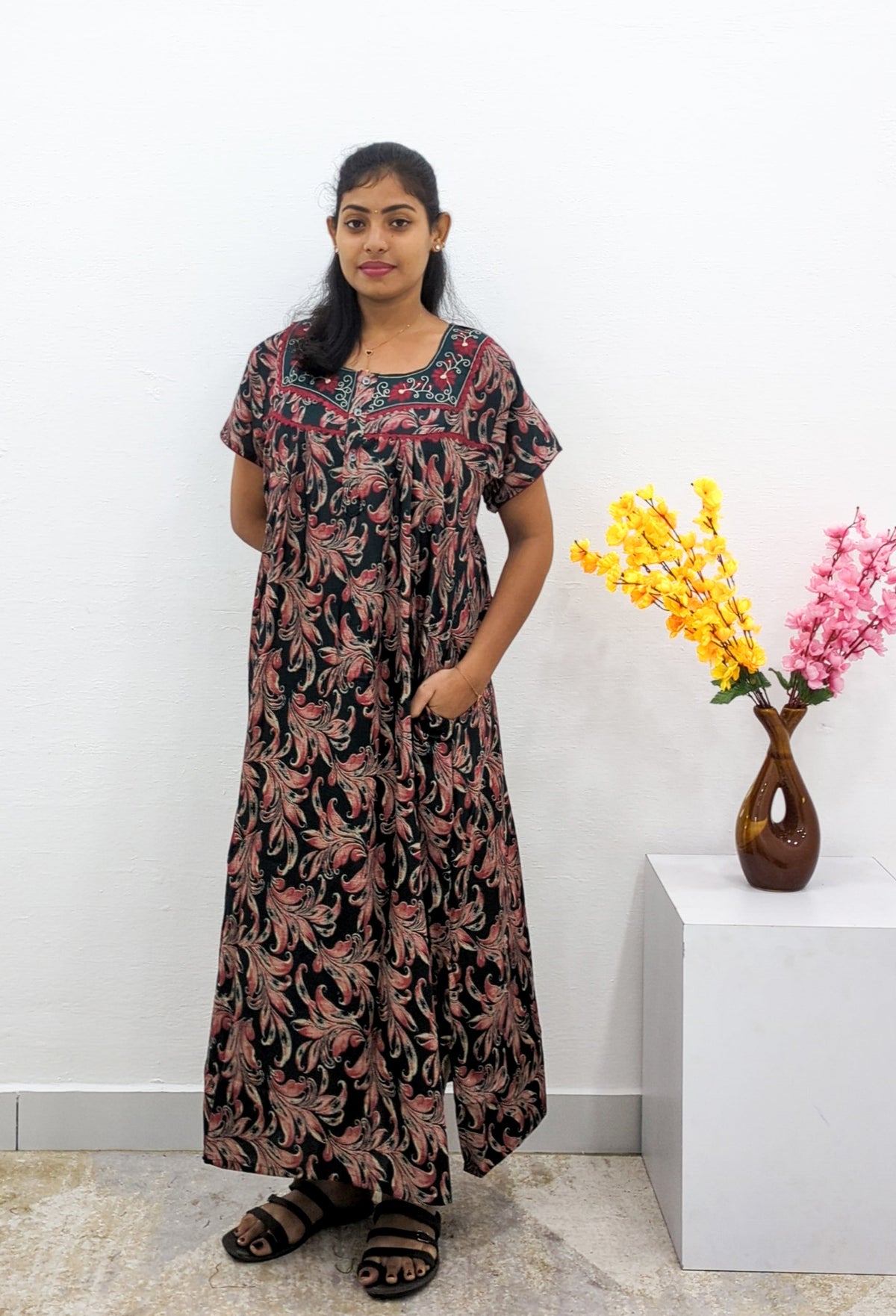 MANGAI Alpine Premium Embroidery Work Nighty for Women | Zipless Pleated Model | Beautiful Printed Design | Comfortable Premium Nightwear (CMC)