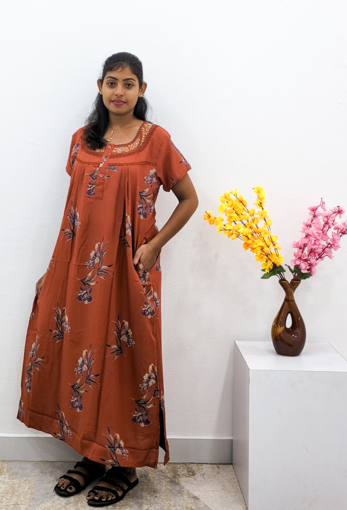 MANGAI Alpine Premium Embroidery Work Nighty for Women | Zipless Pleated Model | Beautiful Printed Design | Comfortable Premium Nightwear (CMC)