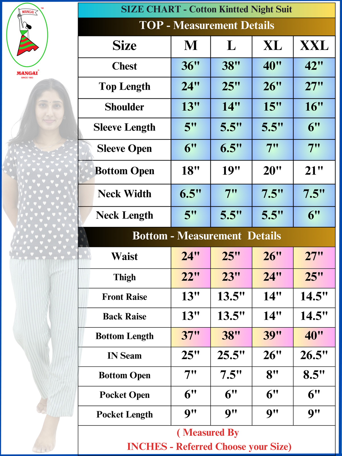 Mangai New Premium Cotton Knitted Pyjama Set Night Suits | Summer Special Arrivals Top & Bottom Set | Soft & Smooth Nightwear a Trendy Women's (PYJAMA SET)