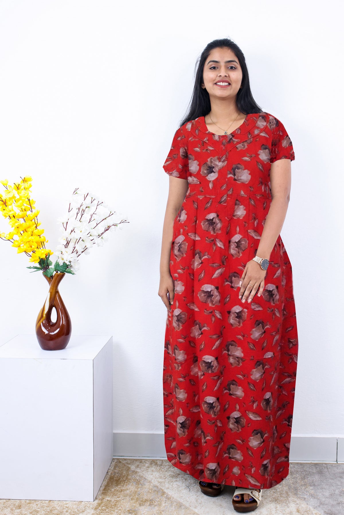 MANGAI Premium Cotton Printed Pleated Model Half Sleeve 5XL Size Nighties - Fancy Neck | With Side Pocket |Shrinkage Free Nighties | Trendy Collection's for Stylish Women's (5PZ)