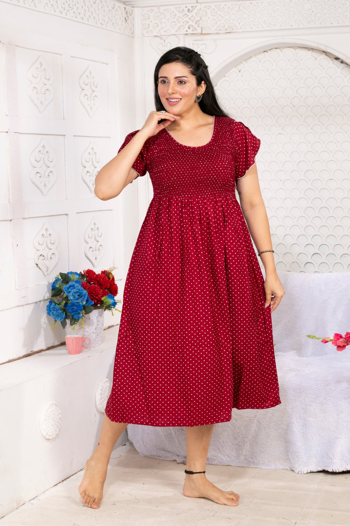 Alpine Smocking Maxi Frock Model Nightgown for Trendy Women's & Teenage Girl's | Stretchable Comfort to Body Fit | Side Pocket & Stylish Round Neck MAXI Gown for Women's Teenage Girl's (ASM)