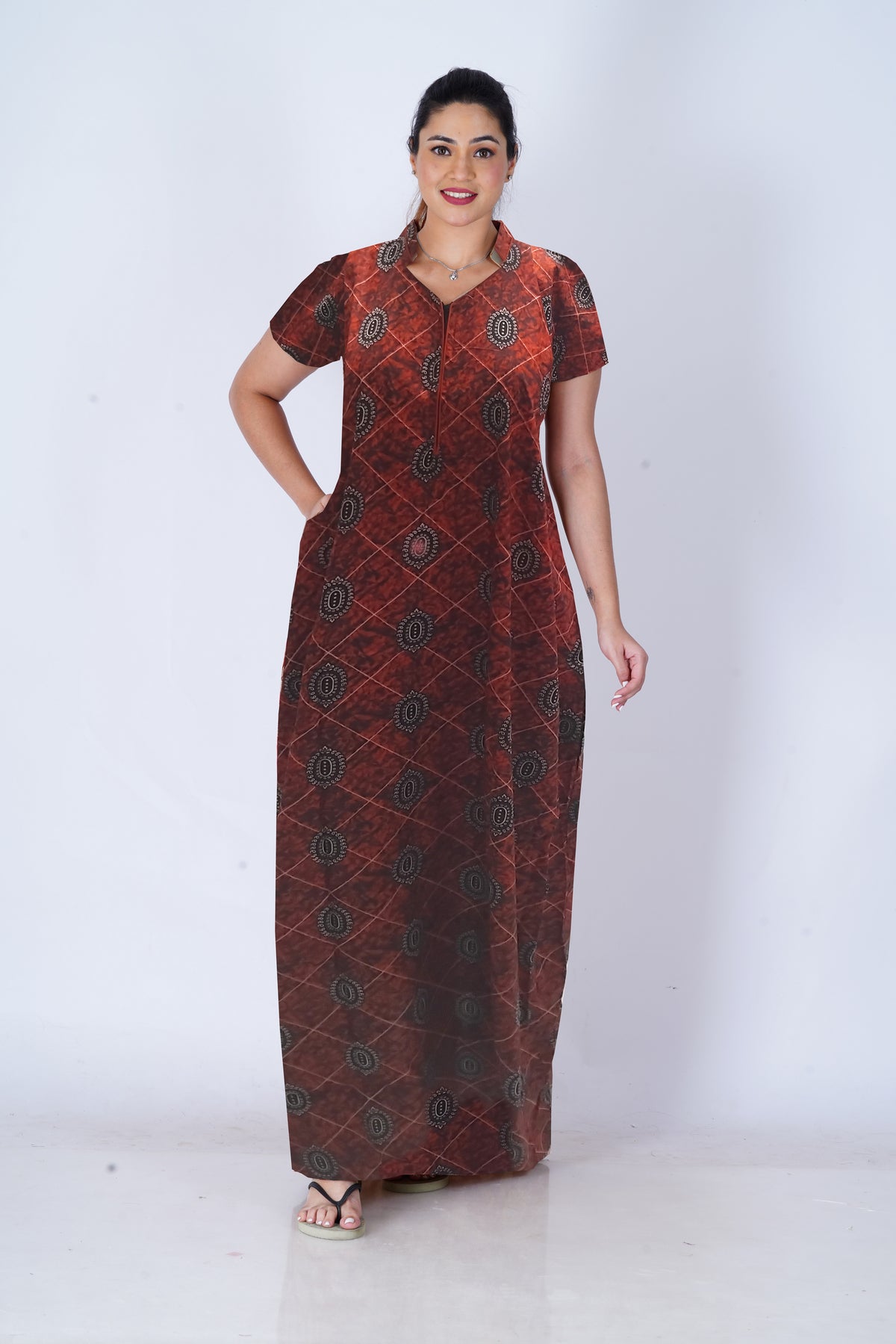 MANGAI Daily Wear Casual Comfort Fit Cotton Printed Collar Nighties | Zipless Closed Model |Summer Arrival's for Trendy Women's (VNM)