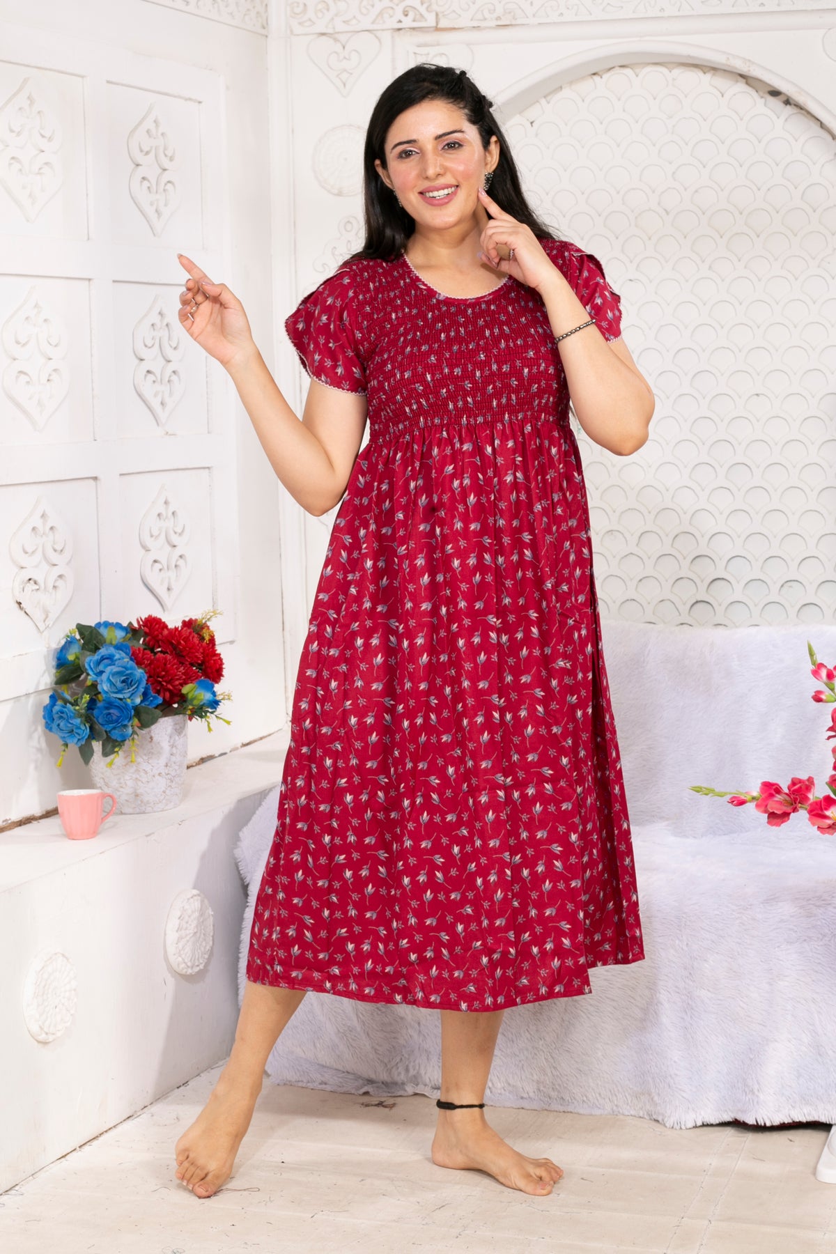 Alpine Smocking Maxi Frock Model Nightgown for Trendy Women's & Teenage Girl's | Stretchable Comfort to Body Fit | Side Pocket & Stylish Round Neck MAXI Gown for Women's Teenage Girl's (ASM)