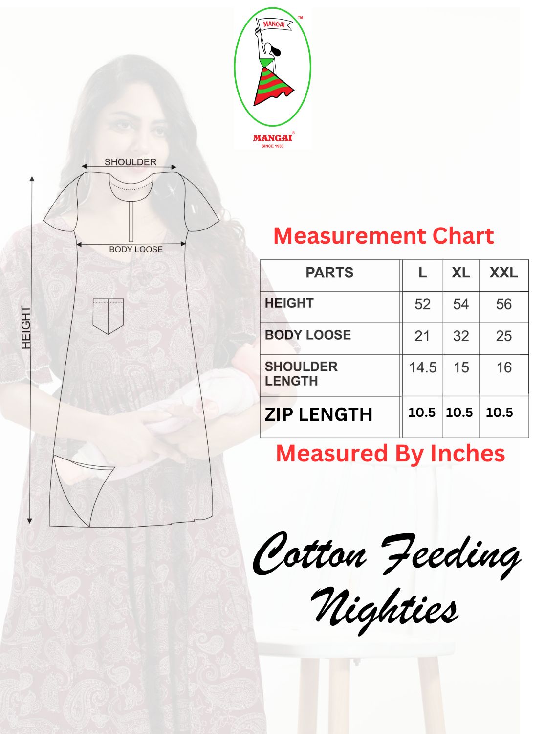 MANGAI Premium Cotton Printed Feeding Nighties | Soft Cotton | Above Knee Length Covered | Front Open Zipper| Vertical Feeding Zipper | Feeding Nighties