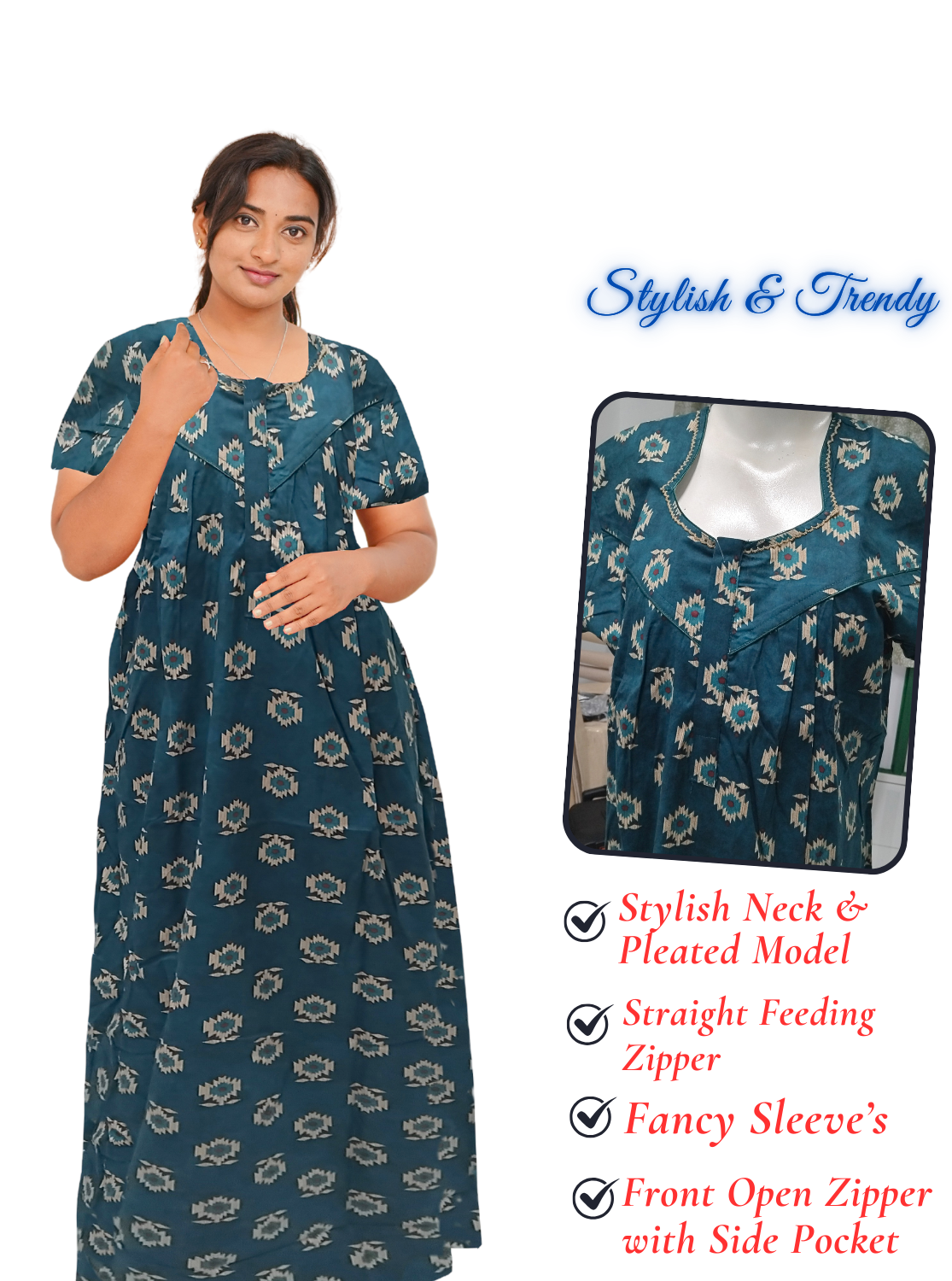 MANGAI Cotton Straight Zip Feeding Nighty |Post Pregnancy | Comfort and Style | Pleated Model | Soft Cotton Feeding Nighties (STF)