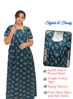 MANGAI Cotton Straight Zip Feeding Nighty |Post Pregnancy | Comfort and Style | Pleated Model | Soft Cotton Feeding Nighties (STF)