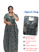 MANGAI Cotton Straight Zip Feeding Nighty |Post Pregnancy | Comfort and Style | Pleated Model | Soft Cotton Feeding Nighties (STF)