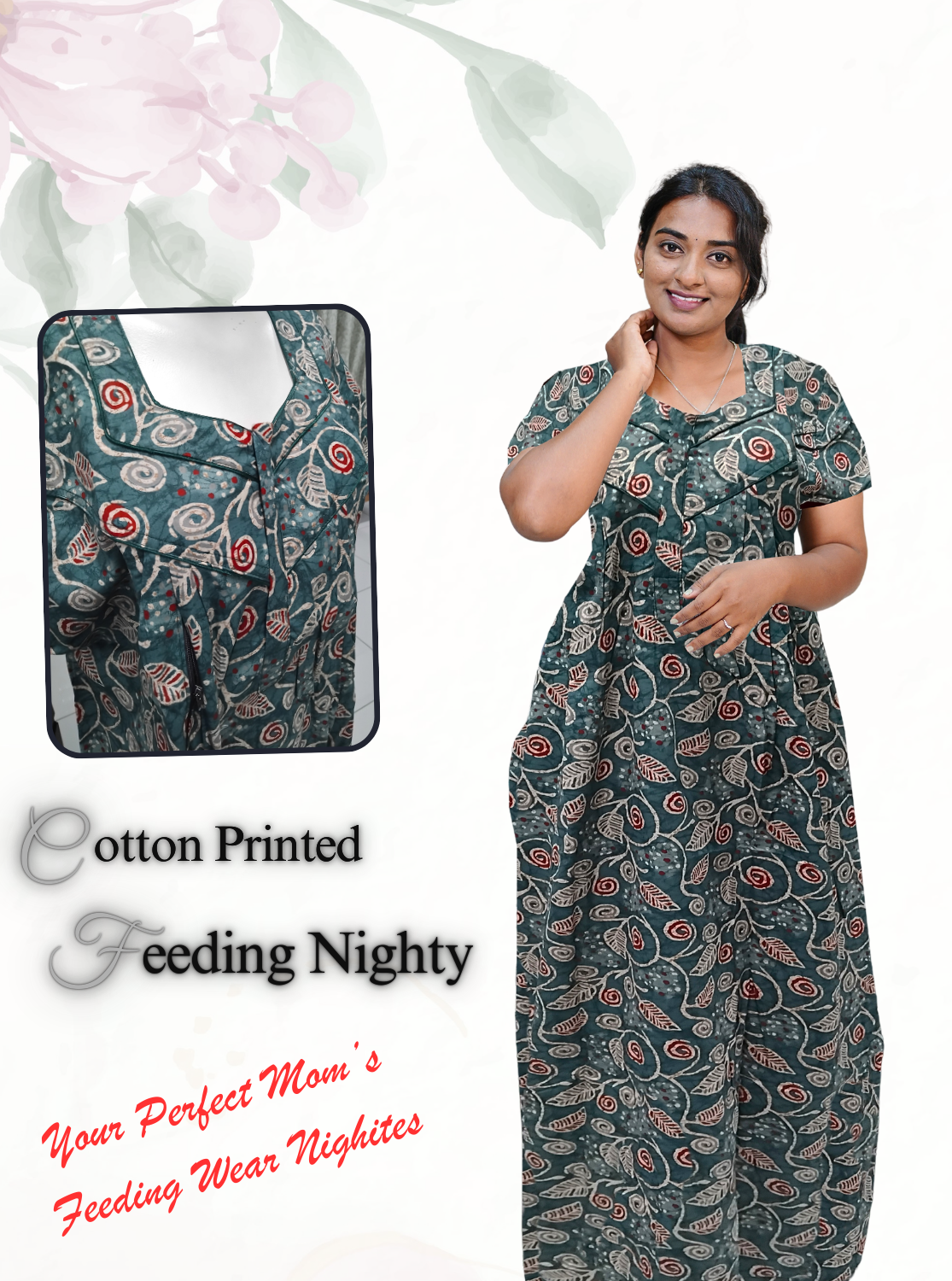 MANGAI Cotton Straight Zip Feeding Nighty |Post Pregnancy | Comfort and Style | Pleated Model | Soft Cotton Feeding Nighties (STF)