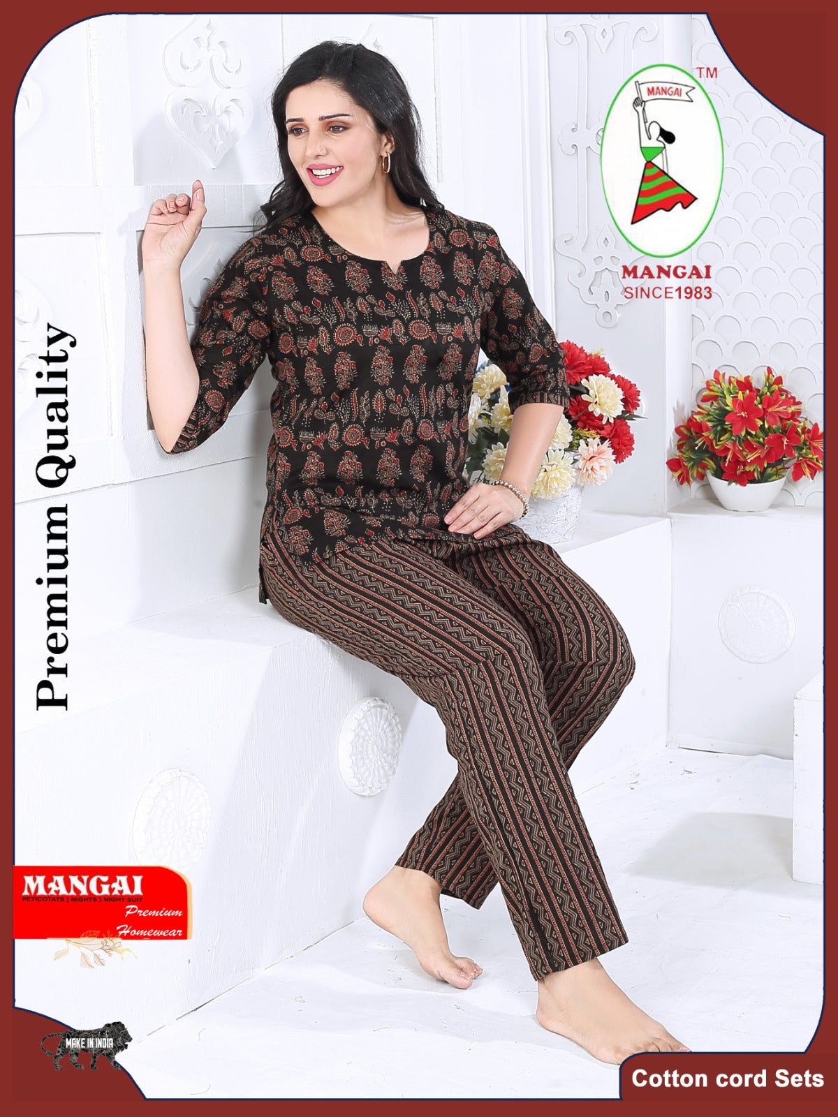 MANGAI Premium Cotton Printed Night Suits | Stylish Print's All Over | Top & Bottom Set | 3/4 Sleeve | Trendy Night Suits for Stylish Women's (CNS)