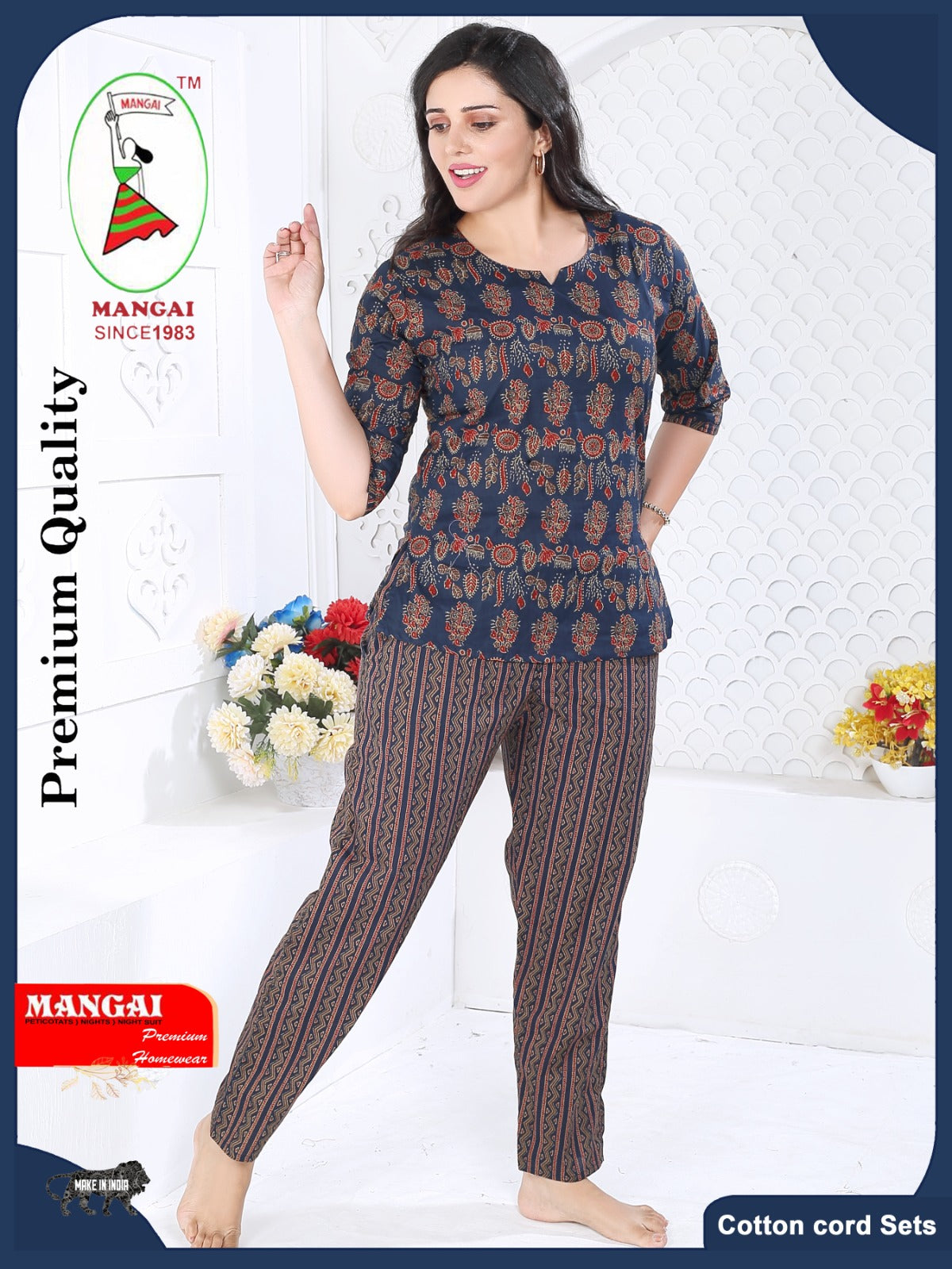 MANGAI Premium Cotton Printed Night Suits | Stylish Print's All Over | Top & Bottom Set | 3/4 Sleeve | Trendy Night Suits for Stylish Women's (CNS)