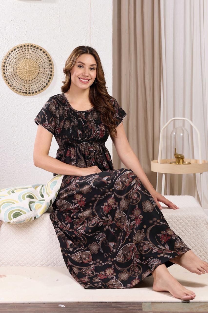 ALPINE Smocking Nighty | Beautiful Pleated Design | Side Pocket | Stylish Nighty for Trendy Women's | Your Perfect Nightwear Collection's (ALS)