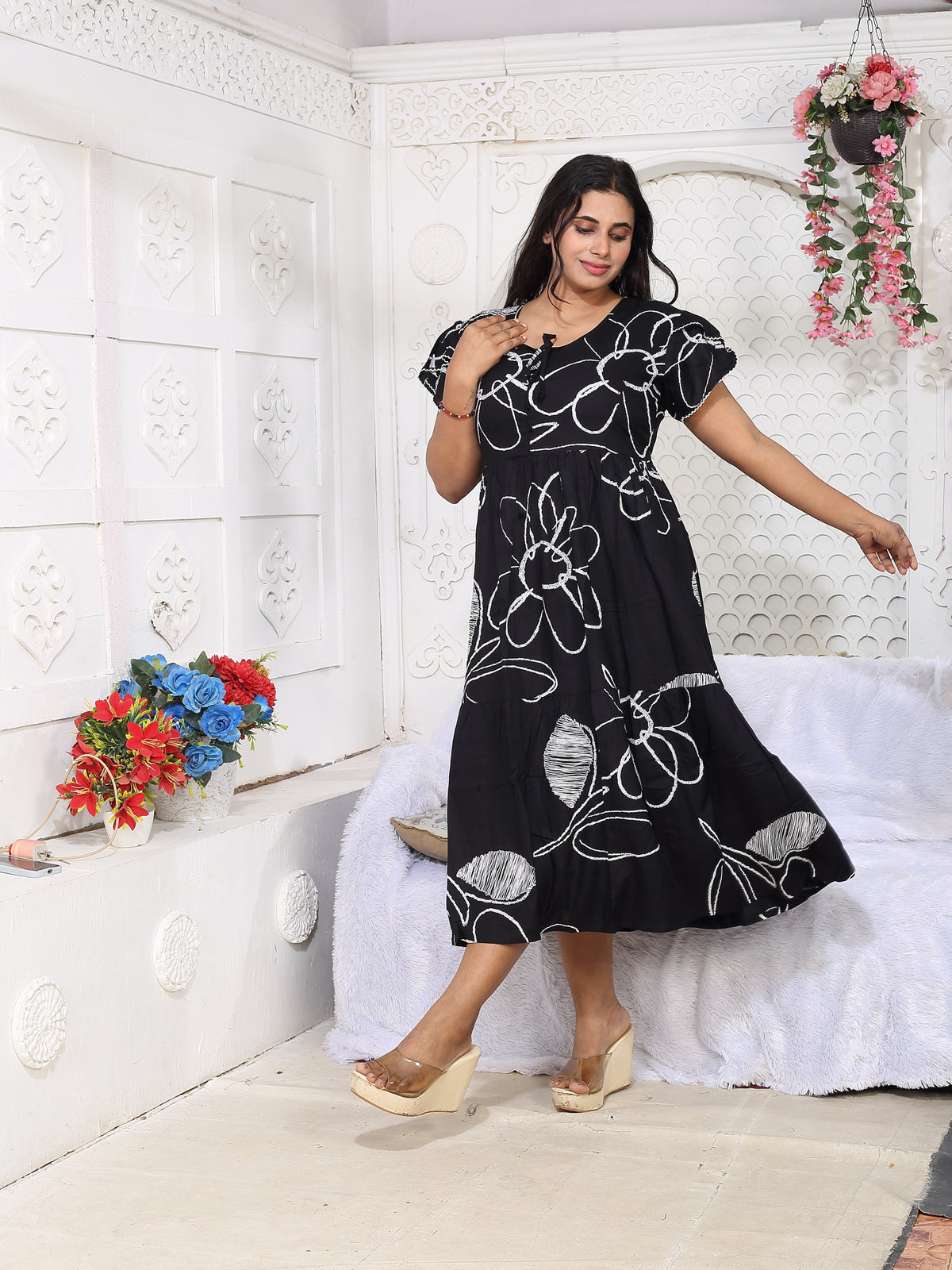 Rayon MAXI FROCK Model Nighties | Fancy Petal Sleeve | Fancy Neck & Side Pocket | Pleated Frock MAXI Style | Trendy Collection's for Stylish Women & Teenage Girl (FSF)