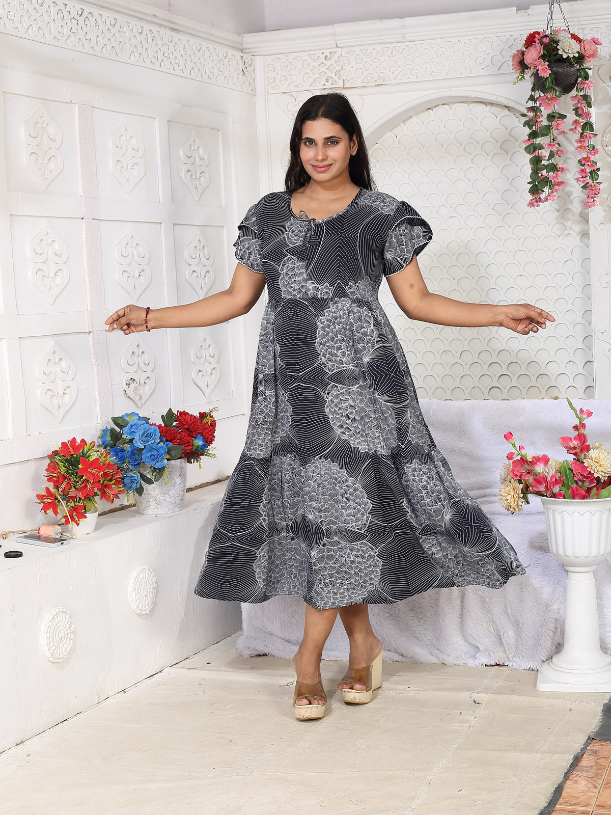 Rayon MAXI FROCK Model Nighties | Fancy Petal Sleeve | Fancy Neck & Side Pocket | Pleated Frock MAXI Style | Trendy Collection's for Stylish Women & Teenage Girl (FSF)