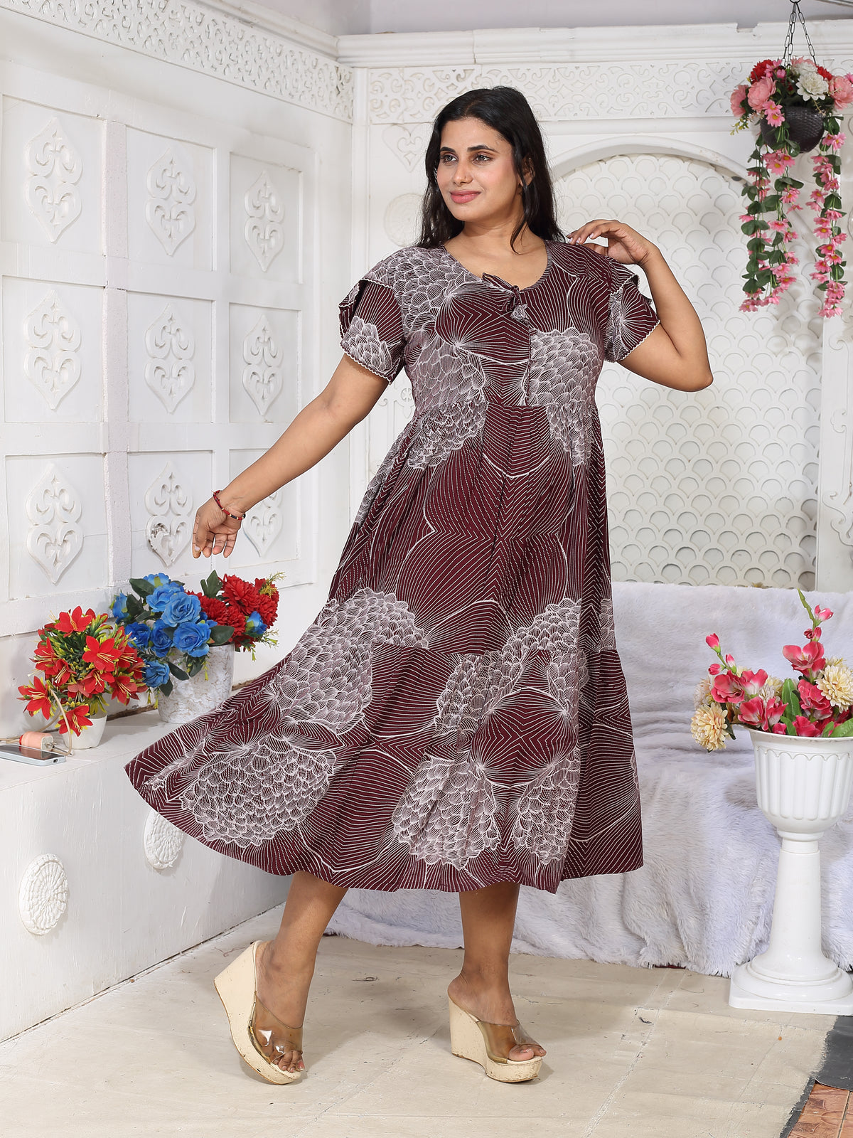 Rayon MAXI FROCK Model Nighties | Fancy Petal Sleeve | Fancy Neck & Side Pocket | Pleated Frock MAXI Style | Trendy Collection's for Stylish Women & Teenage Girl (FSF)