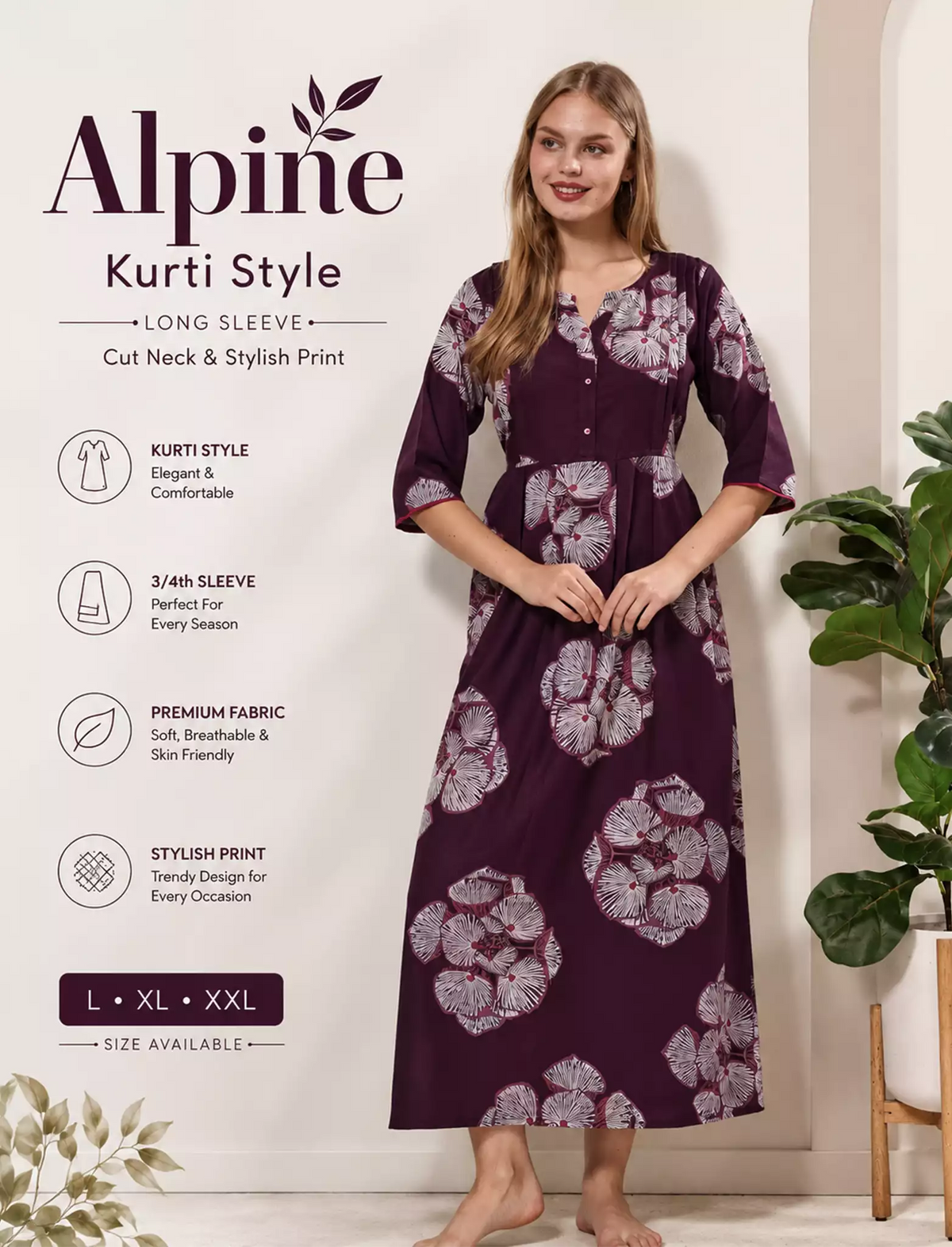 Floral Print Kurti Style Long Sleeve with Pocket – Mangai Nighties