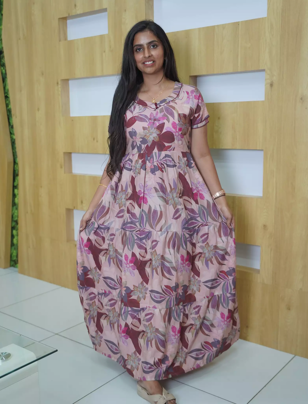 Rayon Floral 3 Layer Frock with Back Tie & Pocket Mangai Nighties