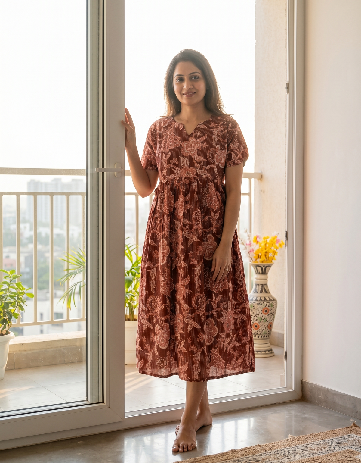 Floral Print Bottom to Top Invisible Feeding Zipper Maxi 