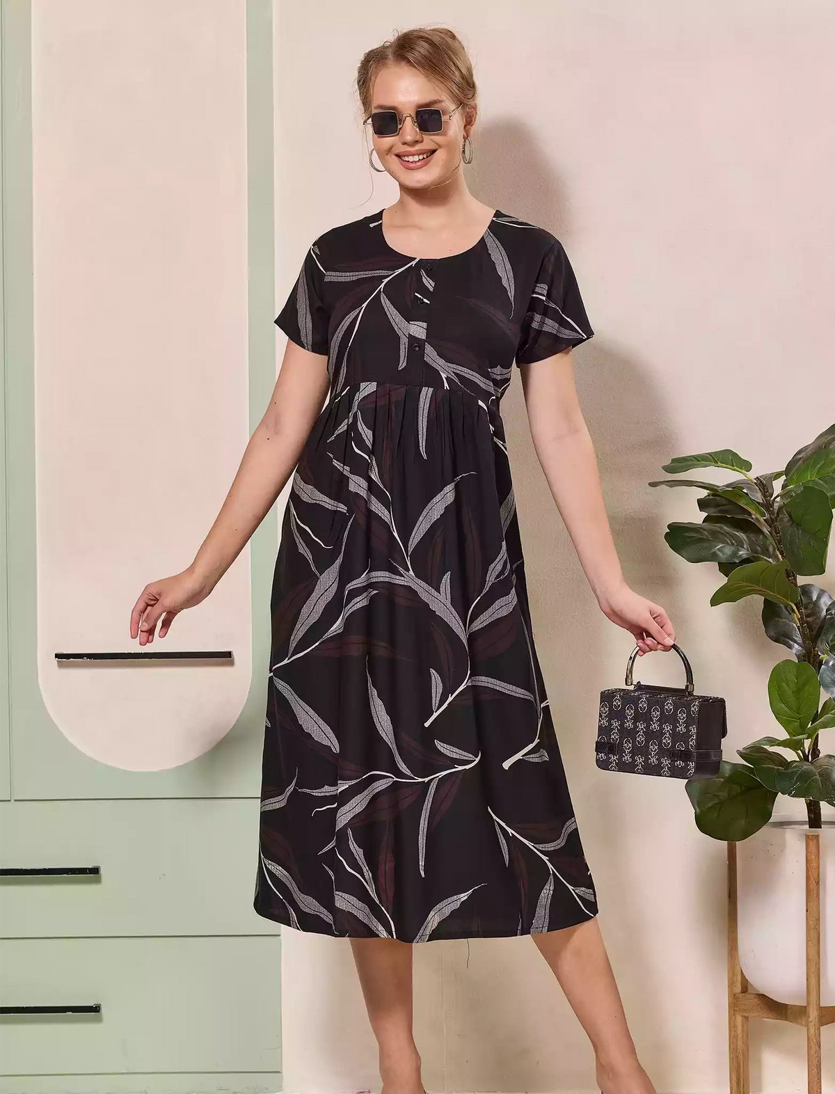 Leaf Print Button Front Casual Maxi Dress Style | Mangai Nighties