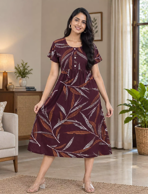 Leaf Print Button Front Casual Maxi Dress Style | Mangai Nighties