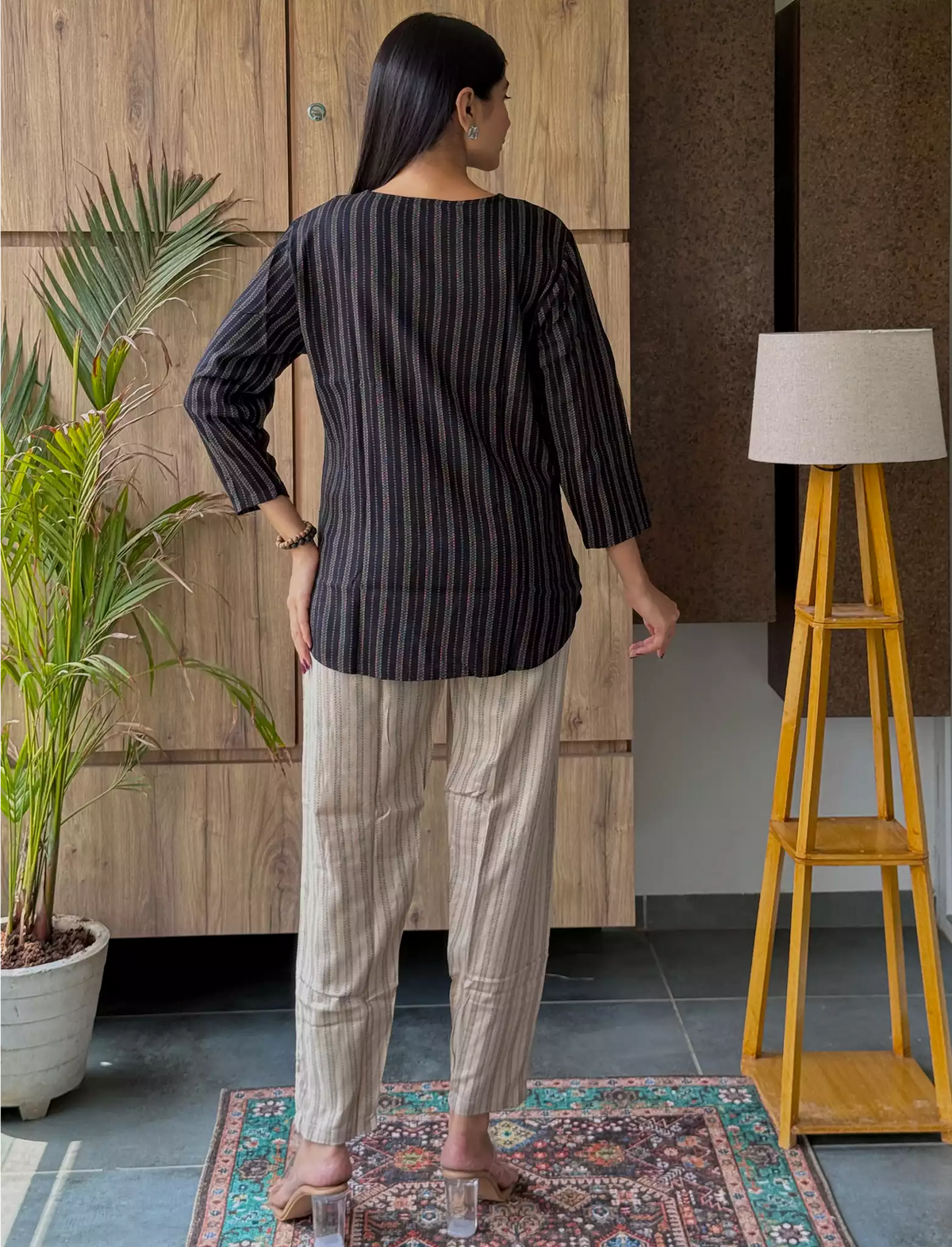 Black Stripe Print Rayon Co-Ord Set for Women Mangai Nighties