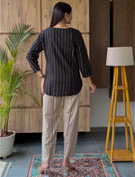Black Stripe Print Rayon Co-Ord Set for Women Mangai Nighties