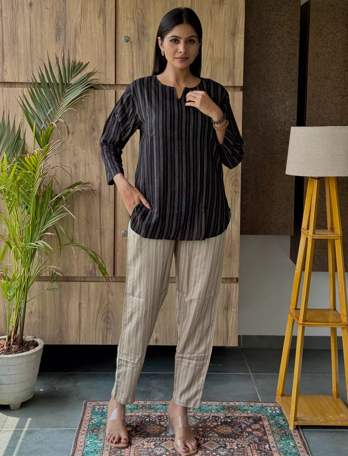 Black Stripe Print Rayon Co-Ord Set for Women Mangai Nighties