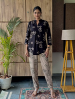 Black Ethnic Print Rayon Co-Ord Set for Women - Mangai Nighties