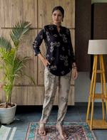 Black Ethnic Print Rayon Co-Ord Set for Women - Mangai Nighties