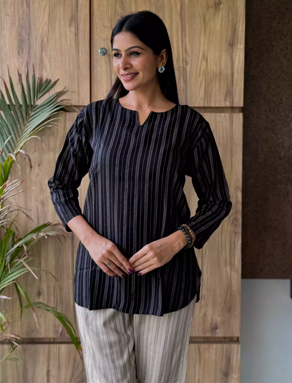 Black Stripe Print Rayon Co-Ord Set for Women Mangai Nighties