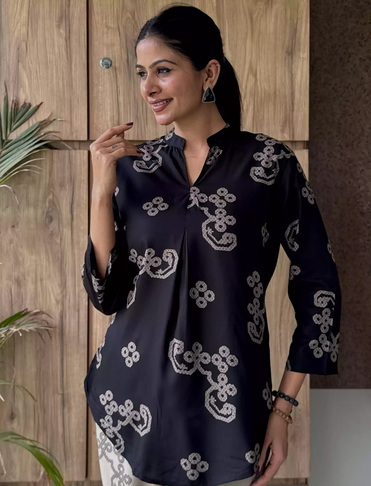 Black Ethnic Print Rayon Co-Ord Set for Women - Mangai Nighties