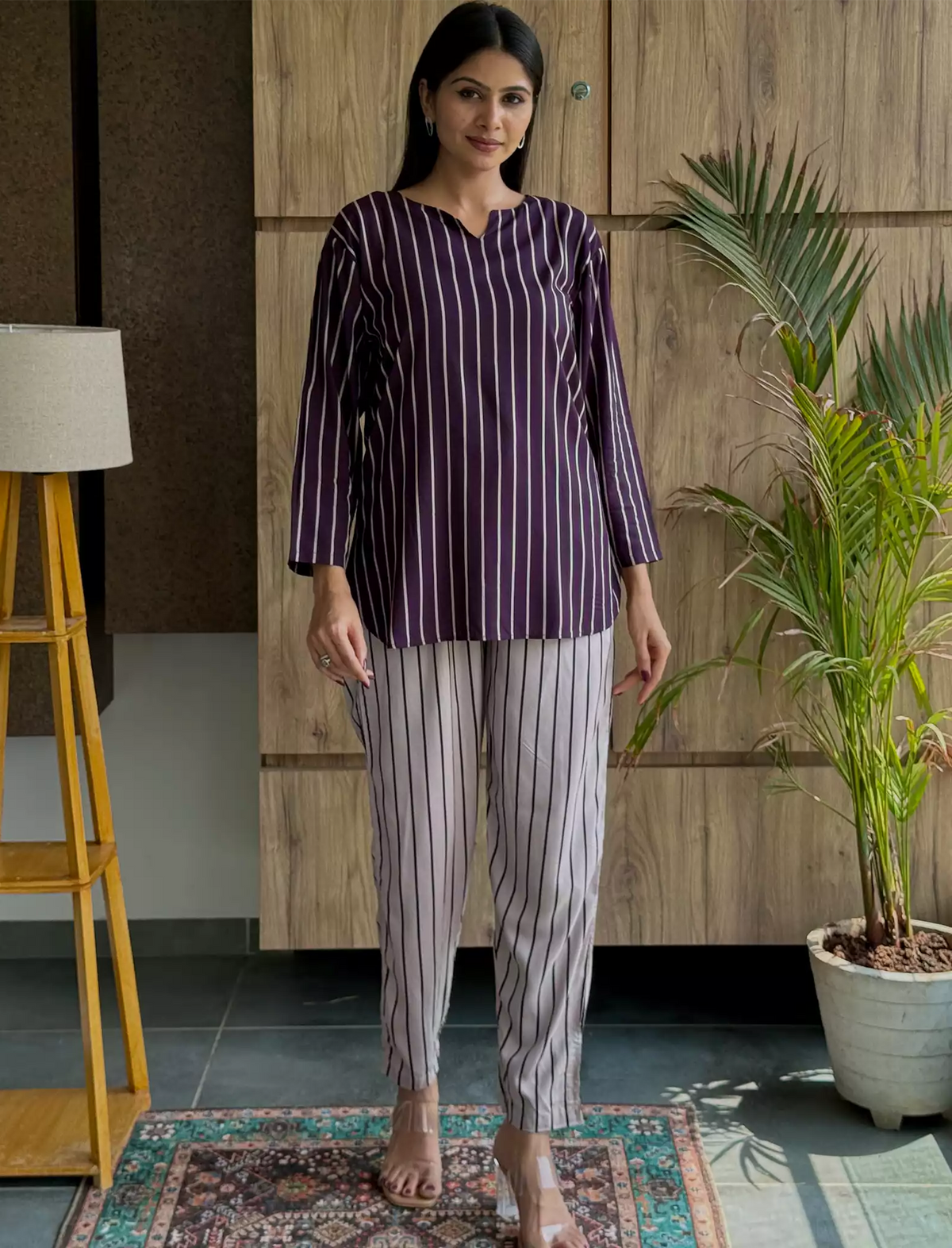 Brown Stripe Rayon Co-Ord Set for Women - Mangai Nighties