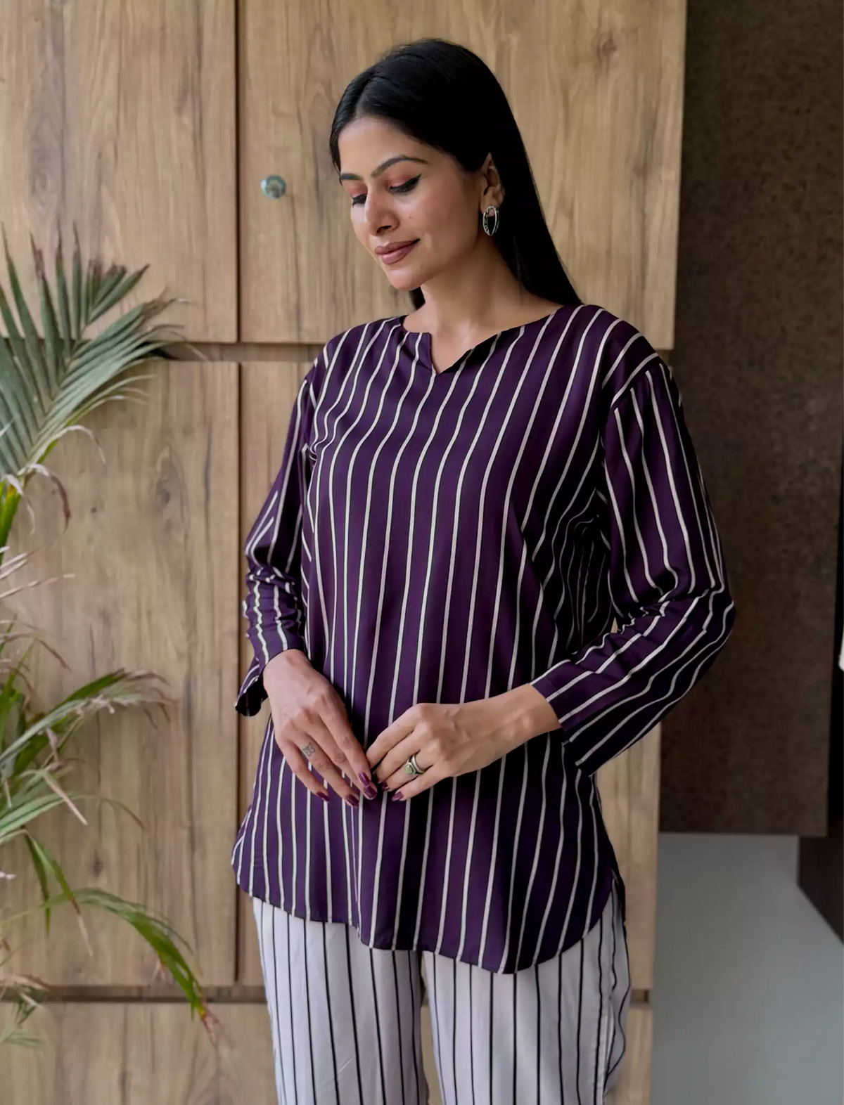 Brown Stripe Rayon Co-Ord Set for Women - Mangai Nighties