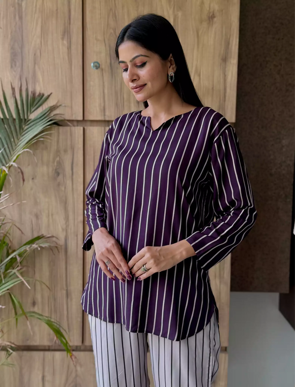 Brown Grey Stripe Co-Ord for Women | Mangai Nighties