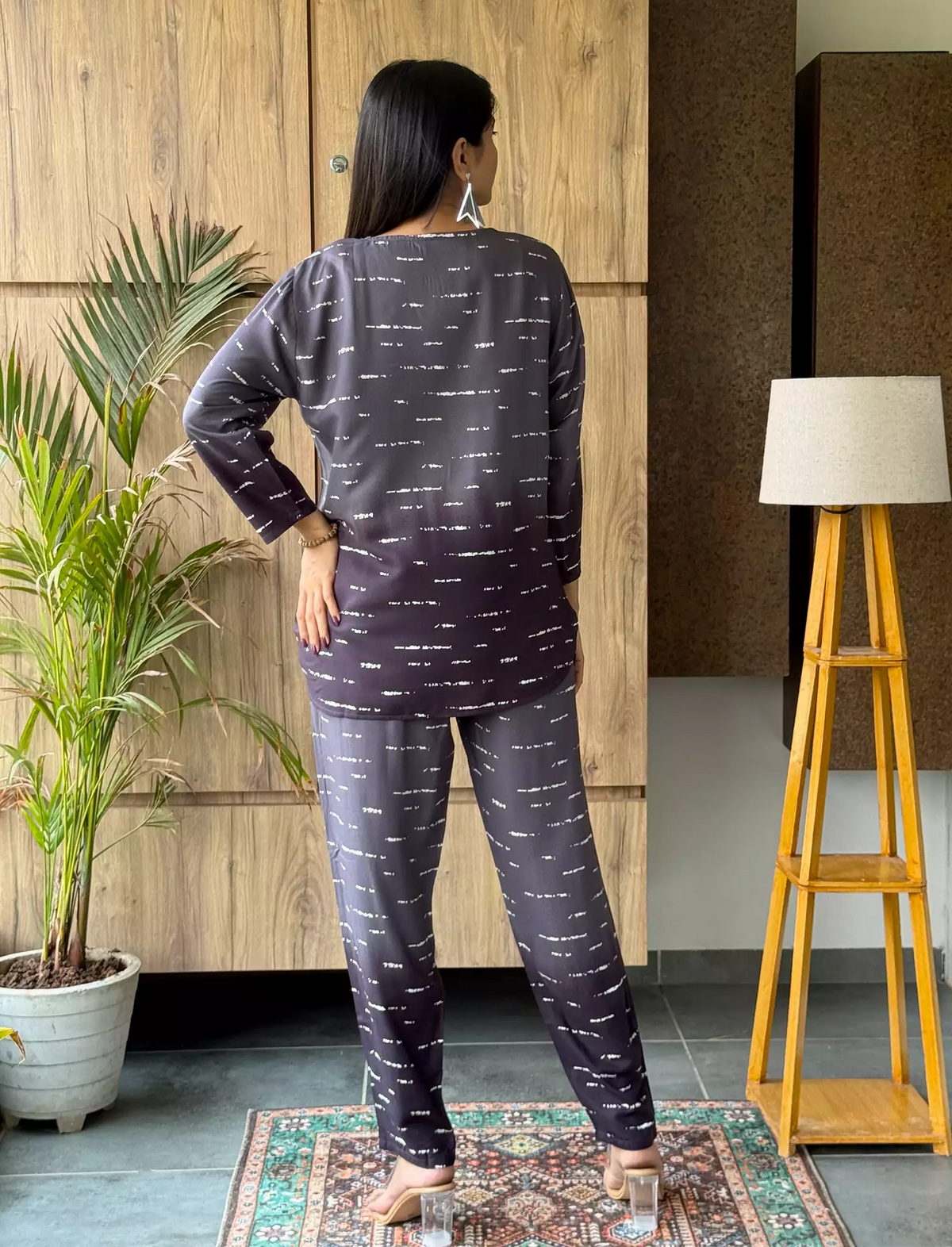 Grey Stripe Rayon Co-Ord Set for Women - Mangai Nighties
