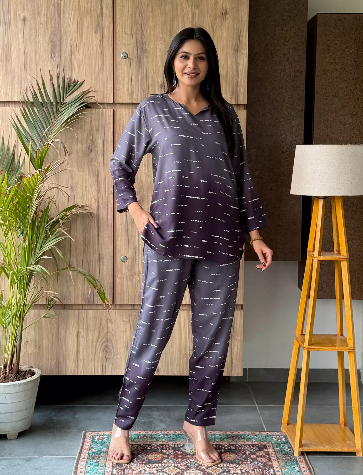 Grey Stripe Rayon Co-Ord Set for Women - Mangai Nighties