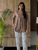 Brown Geometric Block Printed Rayon Co-Ord Set for Women - Mangai Nighties