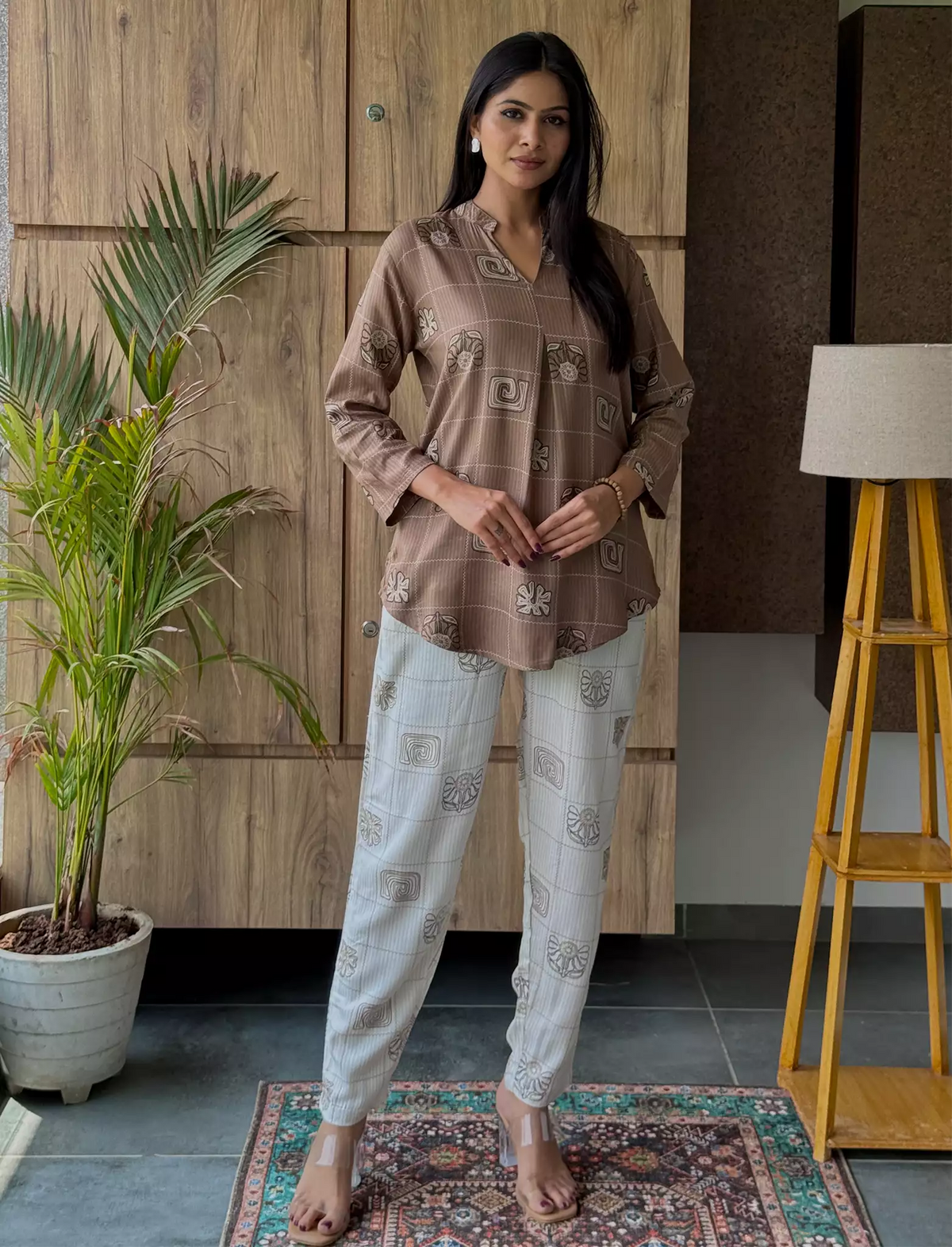 Brown Geometric Block Printed Rayon Co-Ord Set for Women - Mangai Nighties
