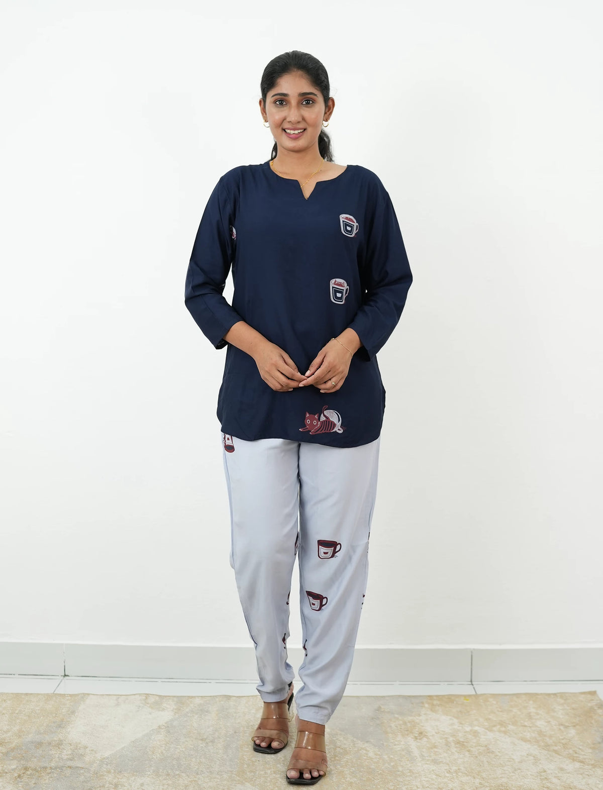 Navy Coffee Cup Print Rayon Co-Ord Set - Mangai Nighties