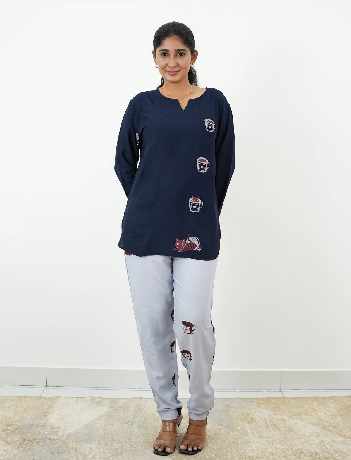 Navy Coffee Cup Print Rayon Co-Ord Set - Mangai Nighties