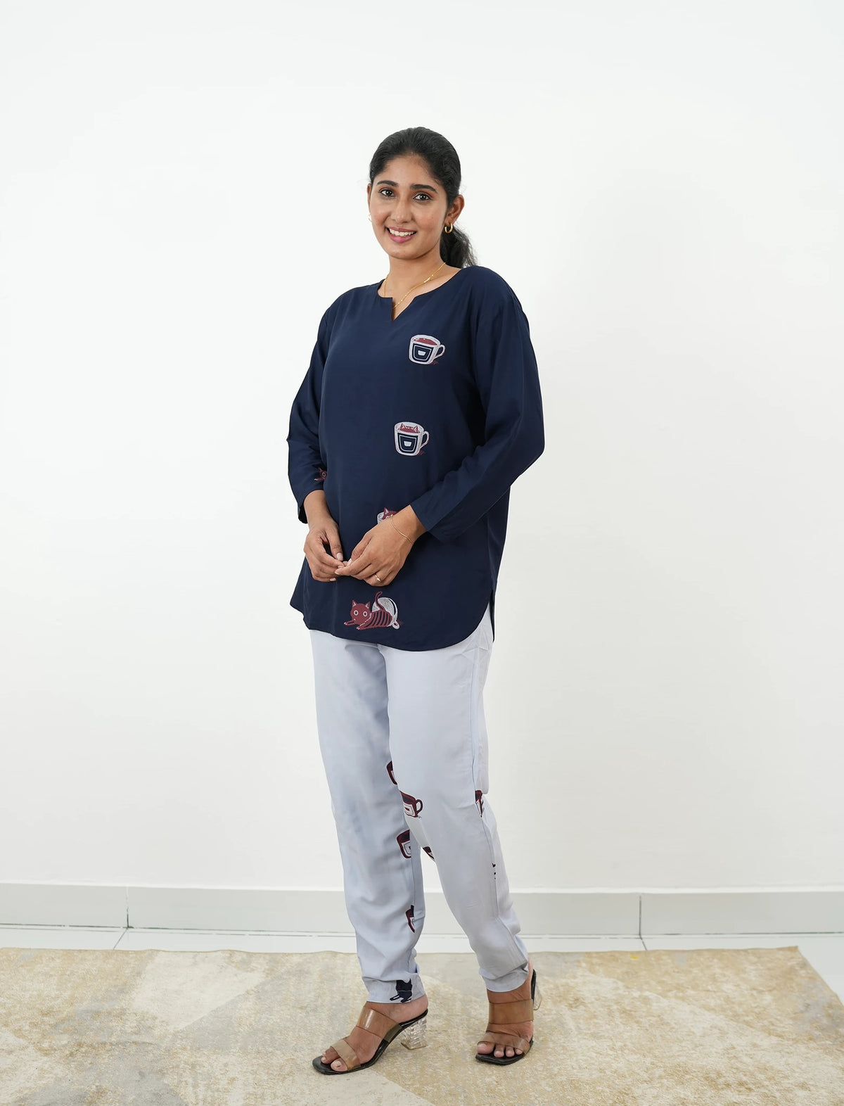 Navy Coffee Cup Print Rayon Co-Ord Set - Mangai Nighties