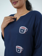 Navy Coffee Cup Print Rayon Co-Ord Set - Mangai Nighties