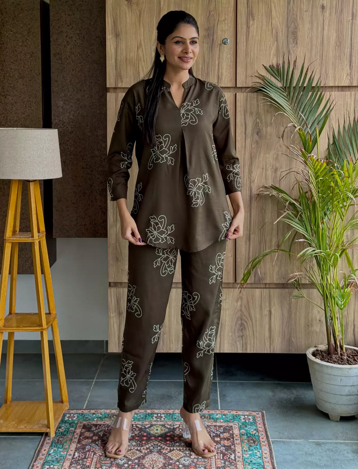 Olive Floral Print Rayon Co-Ord Set for Women - Mangai Nighties