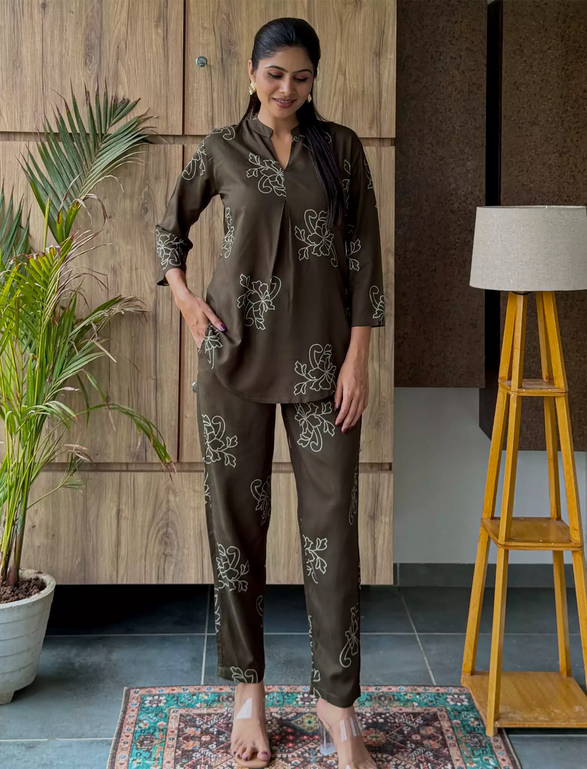 Olive Floral Print Rayon Co-Ord Set for Women - Mangai Nighties