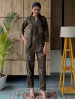 Olive Floral Print Rayon Co-Ord Set for Women - Mangai Nighties