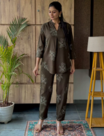 Olive Floral Print Rayon Co-Ord Set for Women - Mangai Nighties