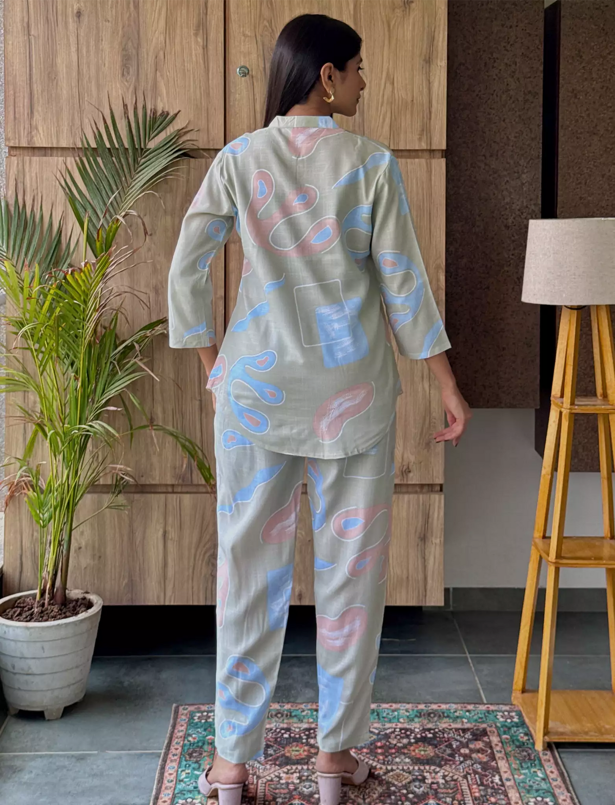 Sage Abstract Print Rayon Co-Ord Set for Women - Mangai Nighties